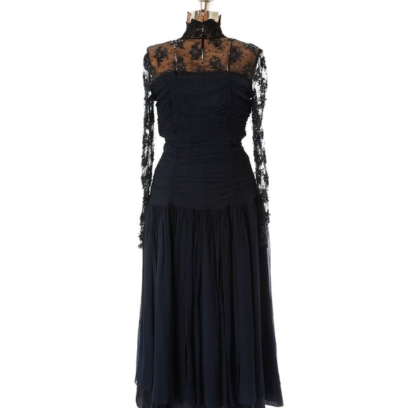 Vintage Jessica McClintock Black Lace Chiffon Dress 12 Gothic Formal Midi - Picture 1 of 9